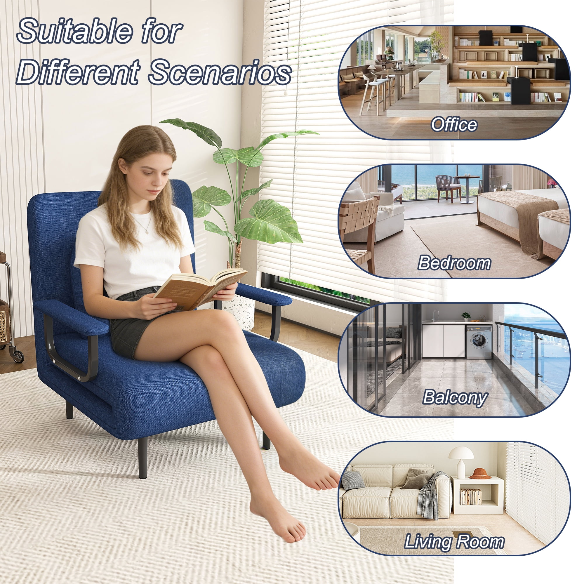 MOONMISS 5 in 1 Convertible Chair Bed Sleeper with Adjustable Backrest Pillow Comfy Single Futon Sofa Bed for Small Spaces,Blue