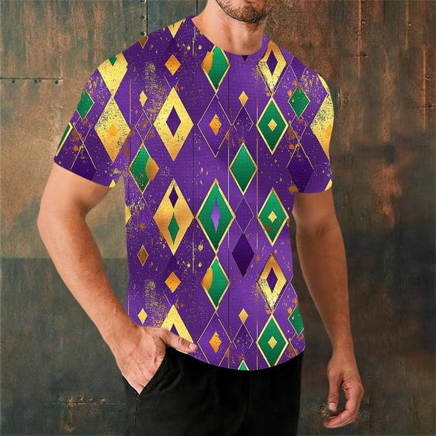 Ceisia Men's Loose Fit Mardi Gras Print T-shirt Short Sleeve Round Neck Festival Casual Daily Summer Tee Tops Purple M Gifts