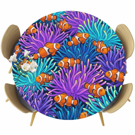 Round Fitted Tablecloth with Elastic Edge, Coastal Orange Clownfish Coral Reef Fitted Table Cloth for Round Tables 55-60in, Underwater World Waterproof Tablecloth for Outdoor Picnic Party