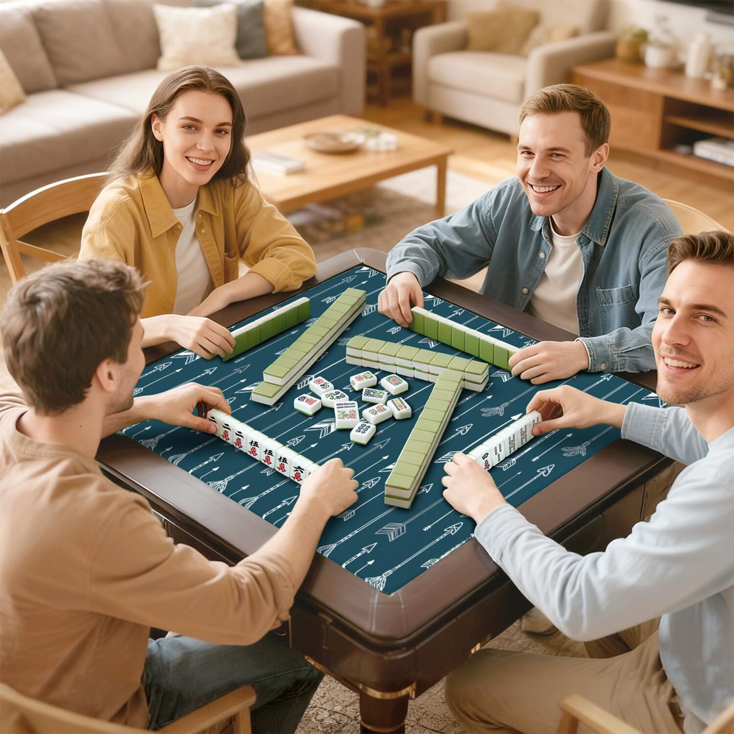 Decorative Boho Pattern Extra Large Anti-Slip Mahjong Mat 31.5x31.5 Inch Rubber Surface with Noise Reduction for Board Games and Game Room Decor
