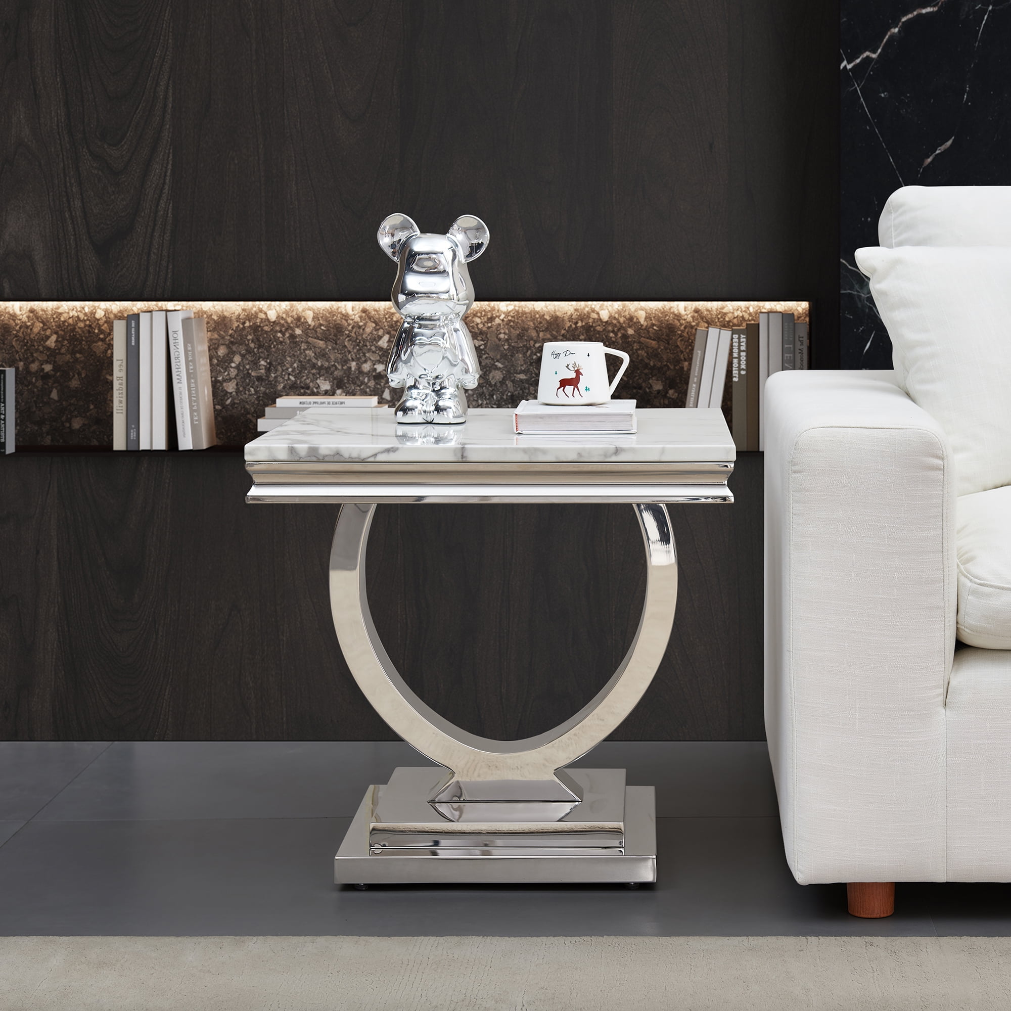 22.83" Square Faux Marble End Table, Modern Marble-Patterned Top with Silver Mirrored Stainless Steel O-Base, for Hallway, Living Room, Bedroom