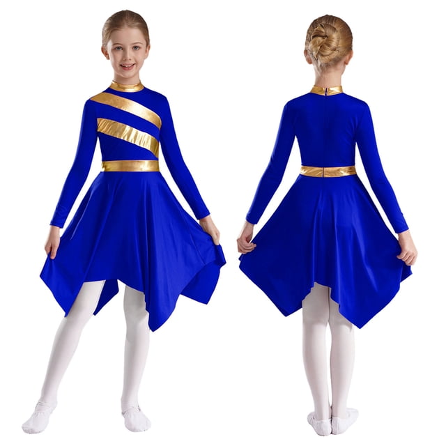 Sholeno Robe de Danse de Louange à Manches Longues pour Filles, Robe Tunique d'Église Métallisée Dorée, Jupe Asymétrique en Mousseline, Bleu 8