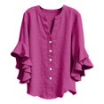 thumbnail image 3 of Only Moment Button Down Shirts for Women Long Sleeve V Neck Ruffle Sleeves Cotton and Linen/Wash Water Wrinkled Cloth Dressy Casual Trendy Tee Spring Fall Summer Fashion Work Clothes Purple,S, 3 of 9