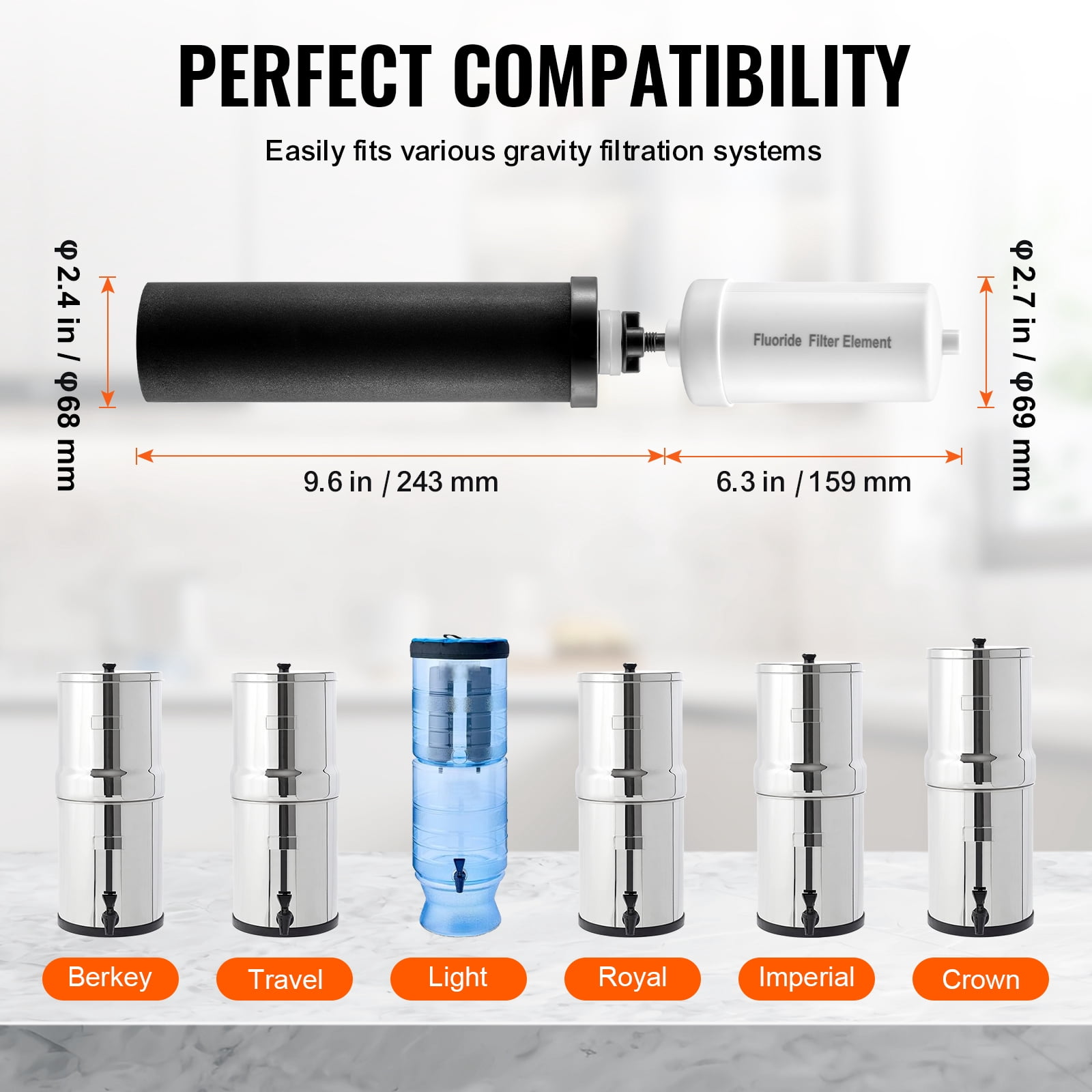 VEVOR Water Filters Replacement, Purification Elements, Replacement Filters, Gravity Water Filter System, Compatible with Most Brands, Pack of 4 (2 Activated Carbon Filter + 2 Defluorination Filter)