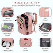 DAKOMM Travel Backpack for Women Men, Carry On Backpack with USB Charging Port & Shoe Pouch, TSA 17.7 inch Laptop Backpack Flight Approved, Nurse Bag Daypack for Weekender Business Trip Hiking, Pink