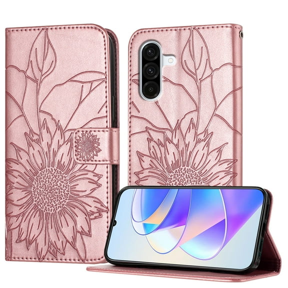 ELEHOLD Case for Samsung Galaxy A36 5G, Sunflower Embossed Leather Wallet Case with Magnetic Closure & Kickstand,Rosegold