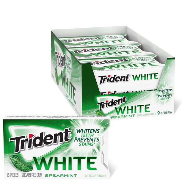 Trident White Spearmint Sugar Free Gum, 9 Pack of 16 Pieces (144 Total