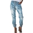 thumbnail image 1 of Pantalones de bolsillo rasgados para mujer Pantalones casuales con cordón lavado en la cintura elástica con cordón de mezclilla Fridja  hfkajh99252, 1 of 7