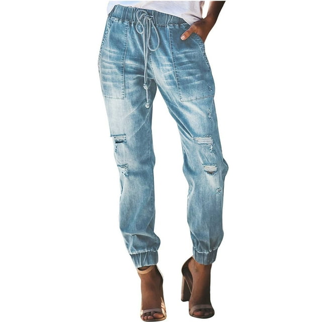 Pantalones de bolsillo rasgados para mujer Pantalones casuales con cordón lavado en la cintura elástica con cordón de mezclilla Fridja hfkajh99252