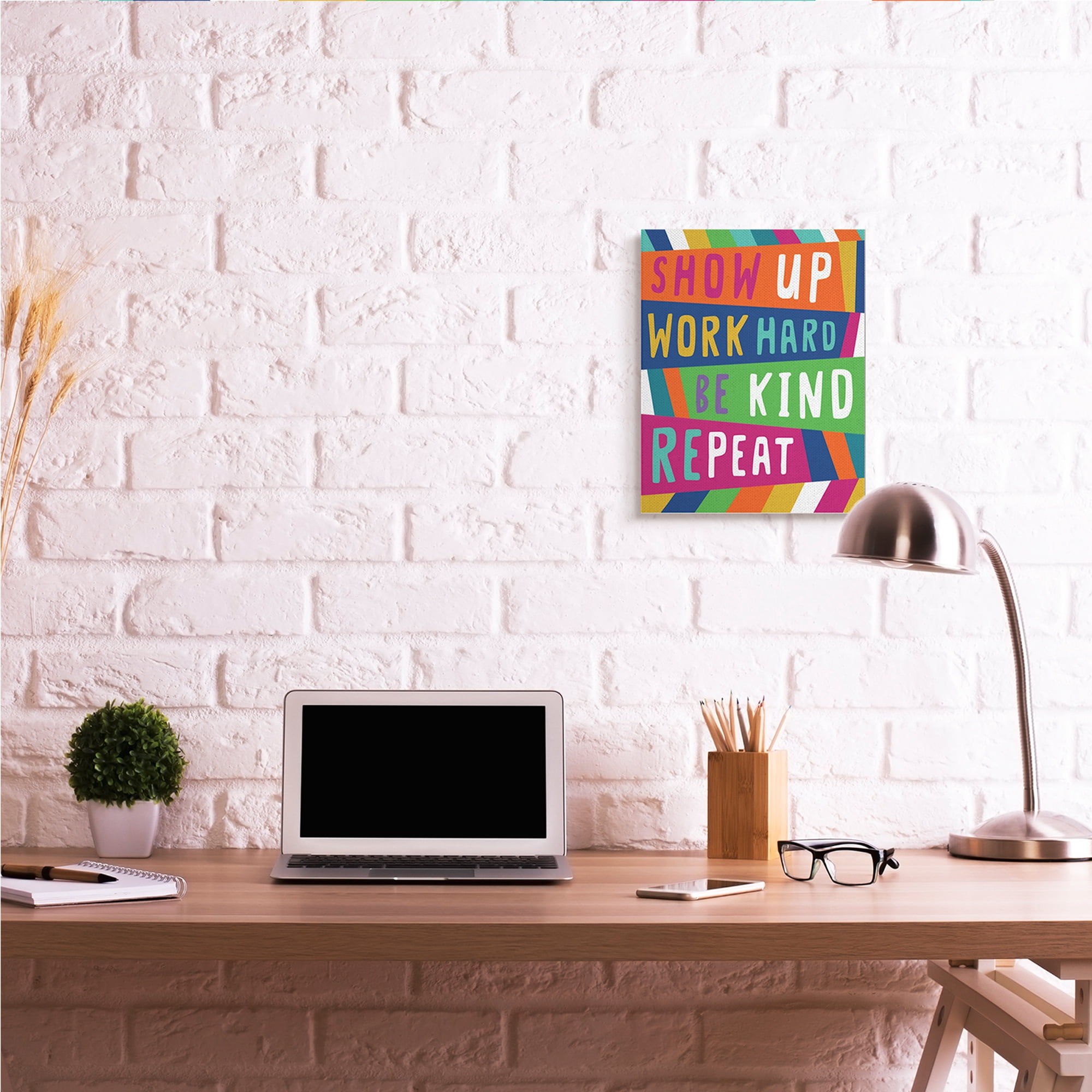 Stupell Industries Show Up Work Hard Phrase Pop Stripe Pattern,16 x 20,Designed by Nina Seven