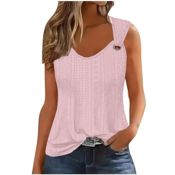 Timegard Womens Tank Tops Eyelet Sleeveless V Neck Ring Straps Shirts Blouse Casual Summer Tunic Top