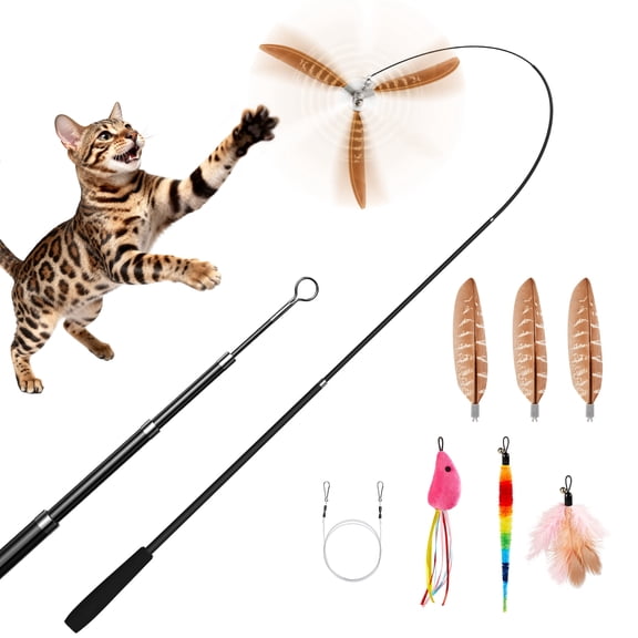Potaroma Carbon‑Fiber Retractable Cat Wand Toy, Lightweight Feather Teaser with 6 Detachable Feathers & Bells