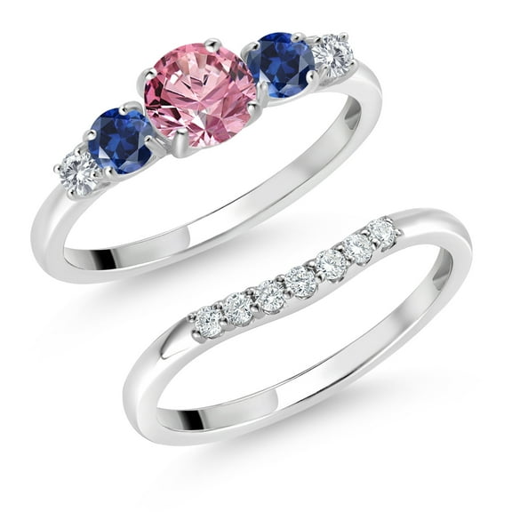 Gem Stone King 10K White Gold Pink and White Lab Grown Diamond Blue Created Sapphire 5 Stone Bridal Engagement Wedding Ring Set for Women (0.89 Cttw, Round, Size 7)