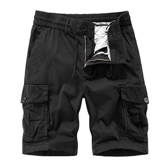 HOOMEUMY Men's Cargo Shorts Loose Fit Elastic Waist Multi-Pockets Cotton Summer Beach Shorts with Zipper Closure Black S