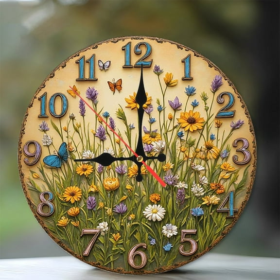 Wildflower Garden Wall Clock Rustic Farmhouse Decor 10-Inch Silent Wooden Wall Clock, Battery Operated (AA Batteries Not Included), Artistic Home Decor