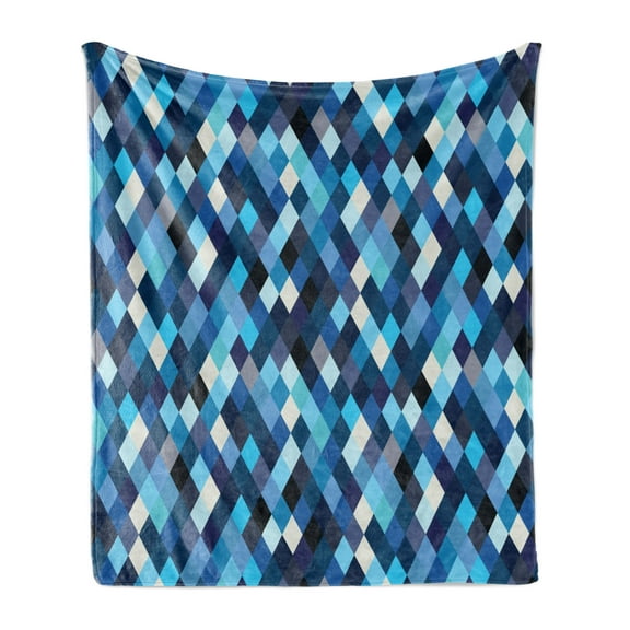 Modern Soft Flannel Fleece Throw Blanket, Fashion Triangles Hexagons and Geometrical Shapes in Blue and White Colors Image, Cozy Plush for Indoor and Outdoor Use, 70" x 90", Multicolor, by Ambesonne