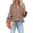 thumbnail image 2 of Womens Striped Sweater Coat Casual Long Sleeve Open Front Button Down Loose Knit Cardigan Fall Brown M, 2 of 9