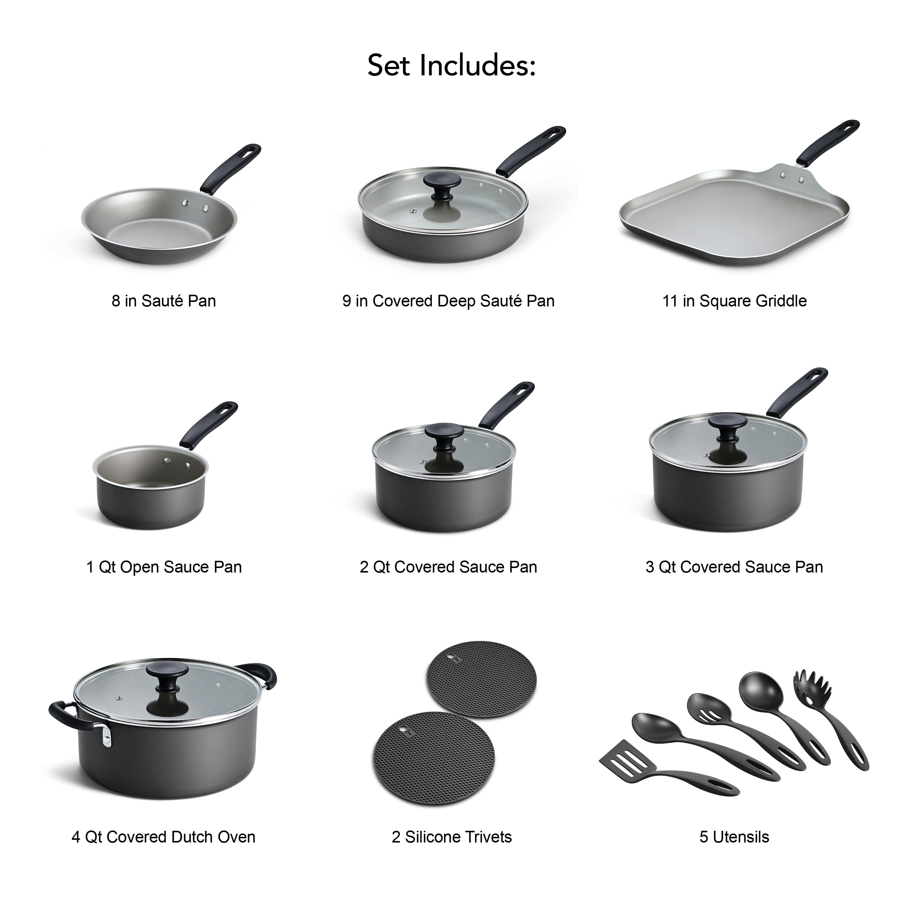 Tramontina Primaware 18-Piece Nonstick Cookware Set, Asphalt