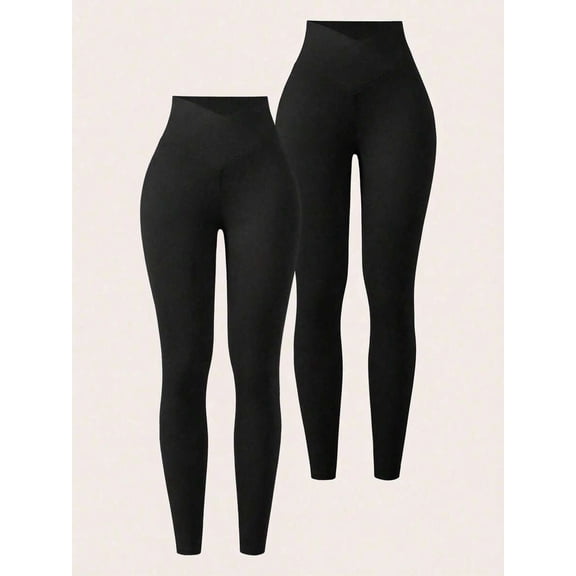 Women High Waist Cross Waistband Leggings, Stretchy Workout Yoga Pants, Solid Color Tight Fitness Trousers