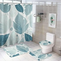 4 Piece Shower Curtain Set with Rugs Toilet Lid Cover Bath Mat Blue Leaves Pattern Bath Curtain Waterproof Shower Curtains with 12 Hooks for Bathroom Decor
