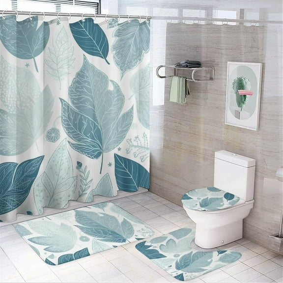 4 Piece Shower Curtain Set with Rugs Toilet Lid Cover Bath Mat Blue Leaves Pattern Bath Curtain Waterproof Shower Curtains with 12 Hooks for Bathroom Decor