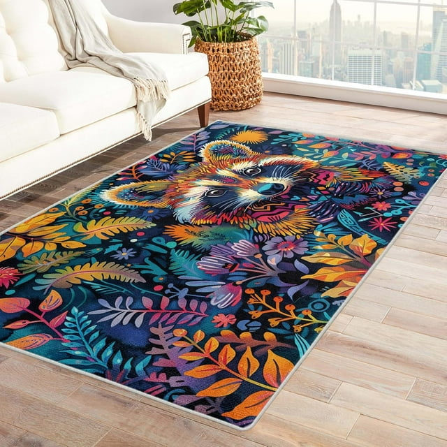 4x5 Area Rug Raccoon Rugs, Colorful Carpet for Living Room Bedroom Animal Patterned Indoor Home Decor, Non Slip Soft & Low Pile Large Washable Rug ZJ&689