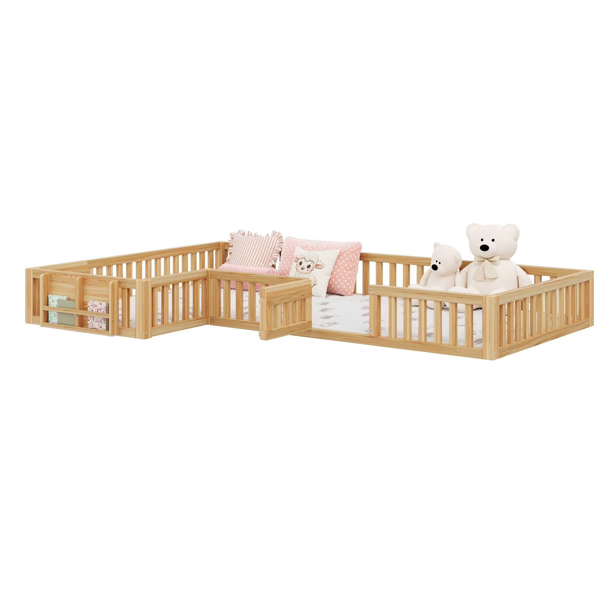 Euroco Twin and Full Size L-Shaped Platform Bed, Floor Bed with Full Guardrails and Storage, Natural