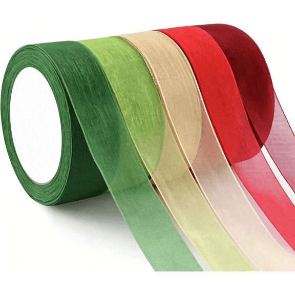 5Rolls Organza Ribbon Sheer Chiffon Ribbon Bulk for Wrapping Decorating Valentine Wedding Birthday Bouquet Garland(50 Yard Each Roll,Multicolor)