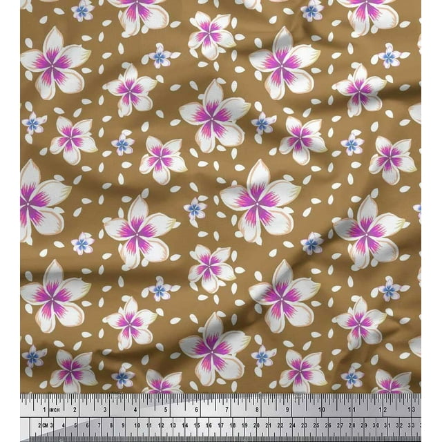 Soimoi Brown polyester Crepe Fabric Leaves & Flower Floral Decor Fabric Printed Yard 42 Inch Wide