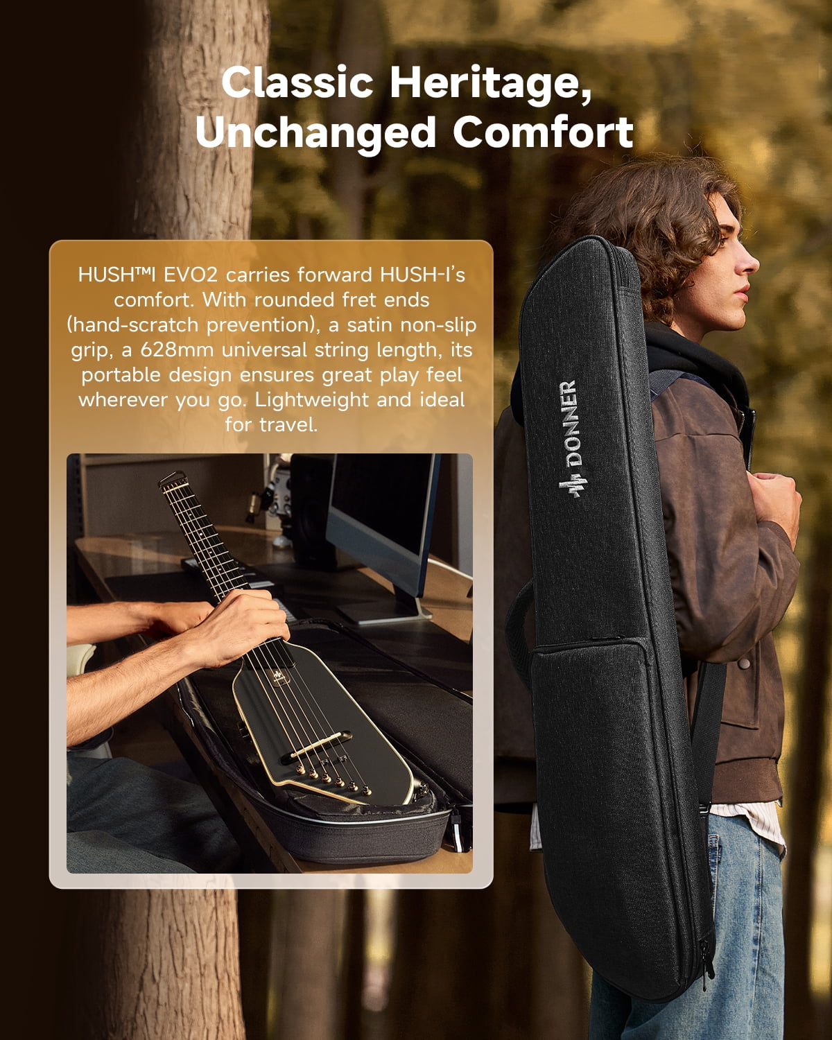 Donner HUSH-I EVO2 Acoustic Electric Travel Guitar – Portable Headless Quiet Practice Guitar, Ultra-Light, Mahogany Body with Built-in Tuner, Detachable Stands & Headphone Jack - Black