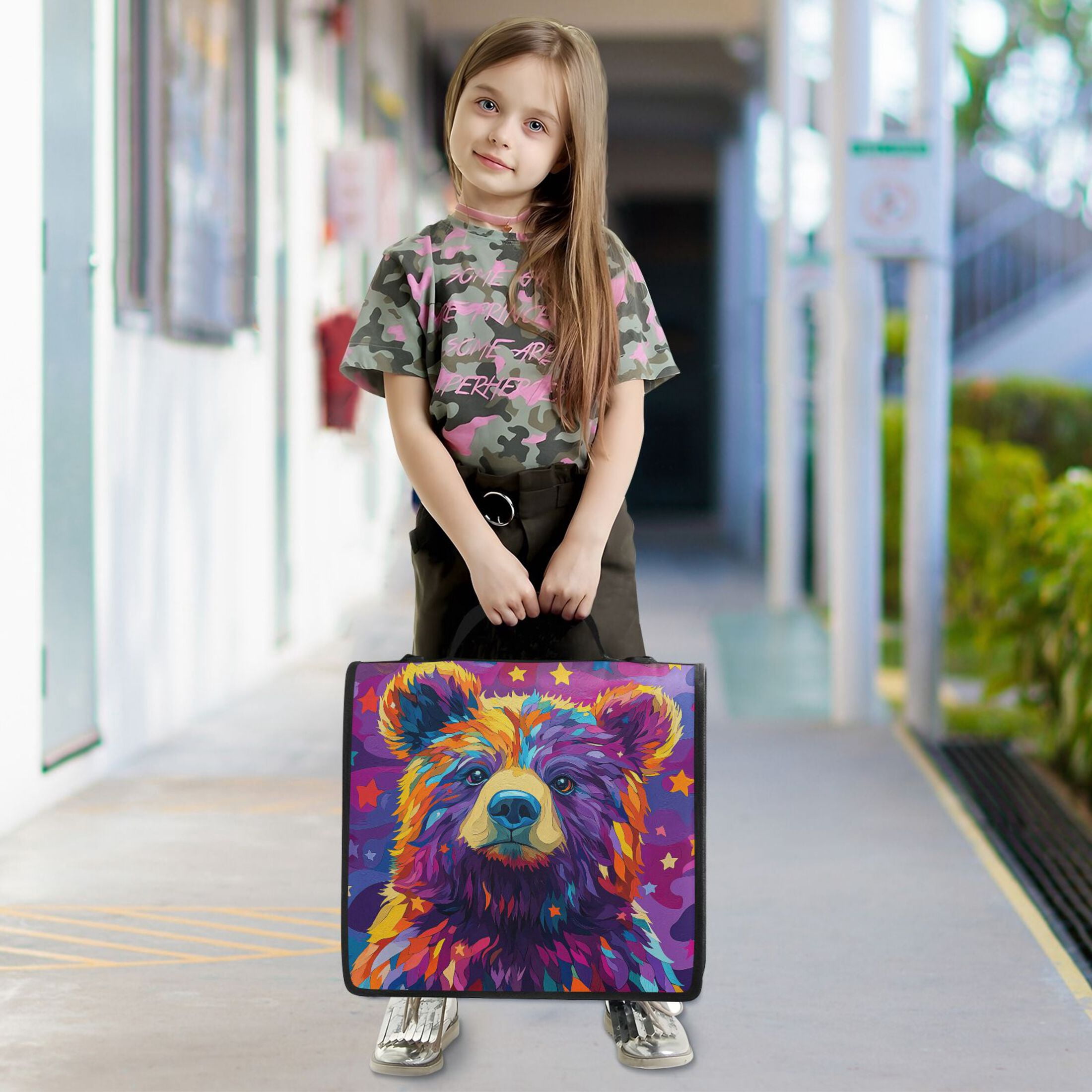3 Ring Zipper Binder with Shoulder Strap Waterproof Trapper Keeper 2 Inch D-Ring 500 Sheets Capacity Colorful Bear and Star