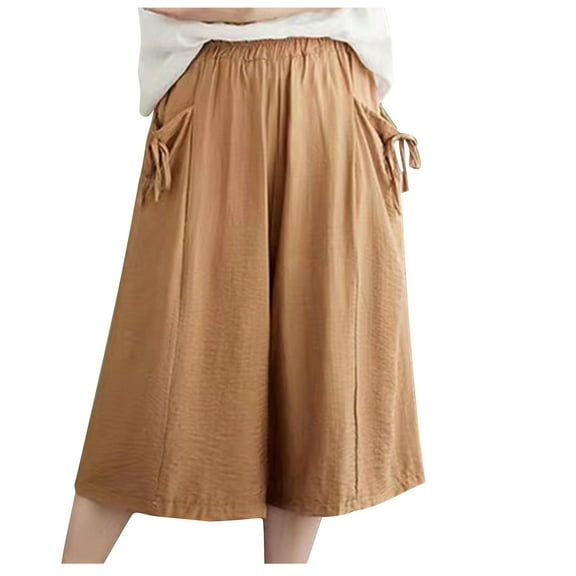 RYRJJ Womens Knee Length Shorts Summer Casual Linen Wide Leg Long Elastic Bermuda Shorts for Women Culottes(Khaki,L)