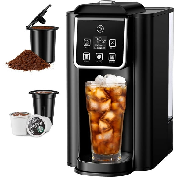 Single Serve Coffee Maker, Hot and Iced Coffee Machine for K-Cup Pods & Ground Coffee, 6 to 14 oz Brew Sizes, 50 oz Removable Water Tank, Bold Brew Setting, Stainless Steel, Black