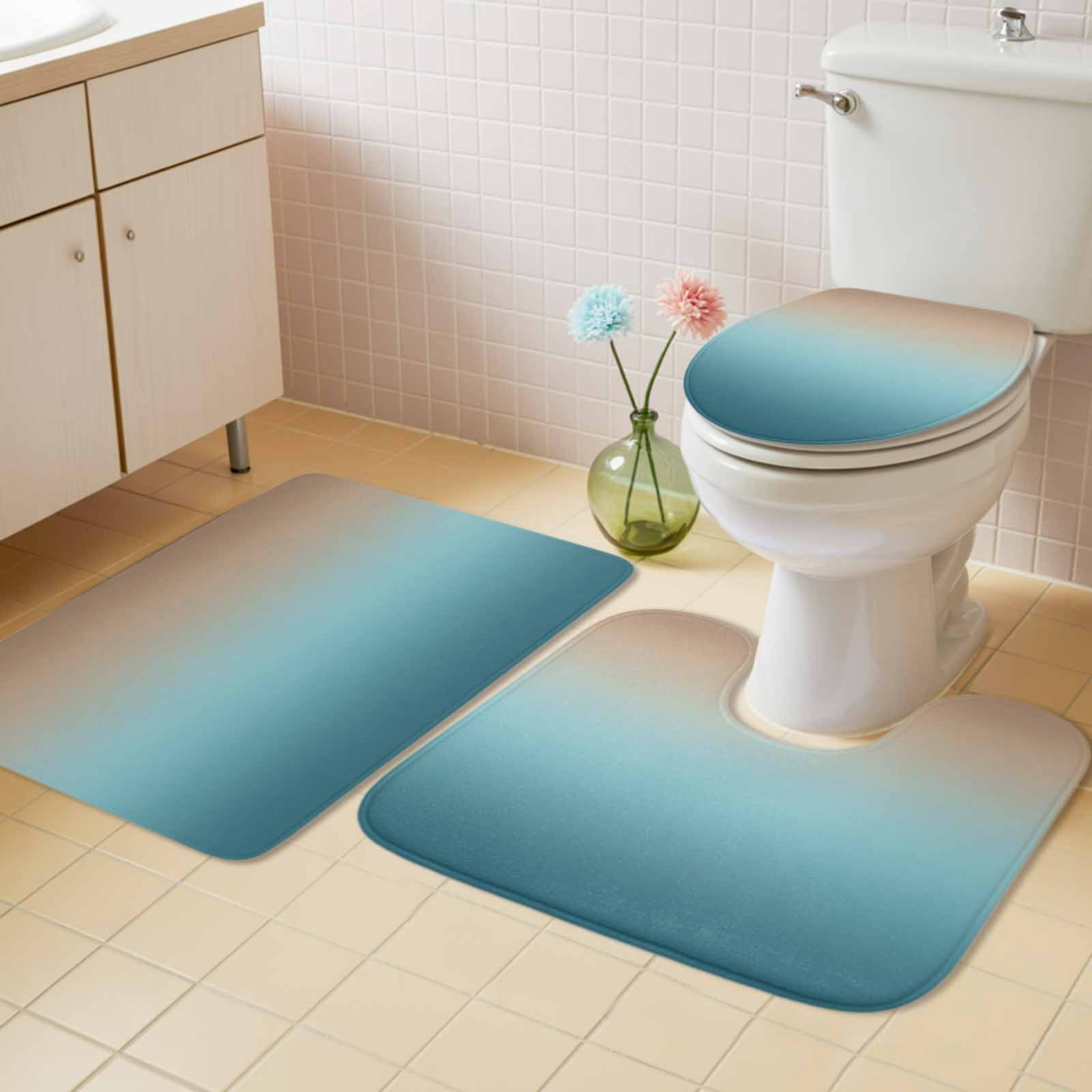 Navy Blue Brown Ombre Bath Mat 3 Piece Bathroom Rug Set, Teal Gradient Color Modern Abstract Art Non Slip Bath Rug Contour Mat and Toilet Lid Cover, Absorbent Shower Mats Soft Bath Rugs and Mats Sets