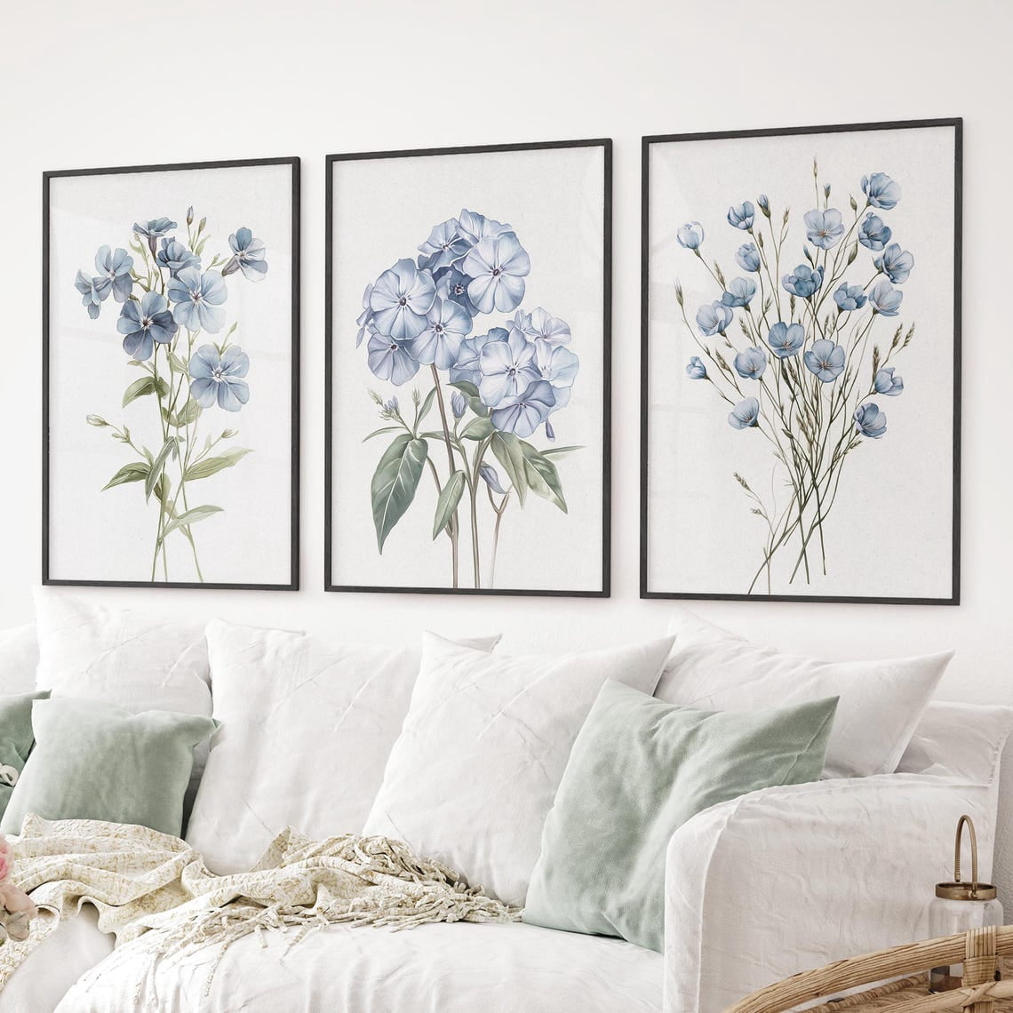 3 Pieces Blue Flowers Poster Hydrangea Watercolor Prints Wall Art Botanical Canvas Painting Artwork for Living Room Office Decoration No Frame