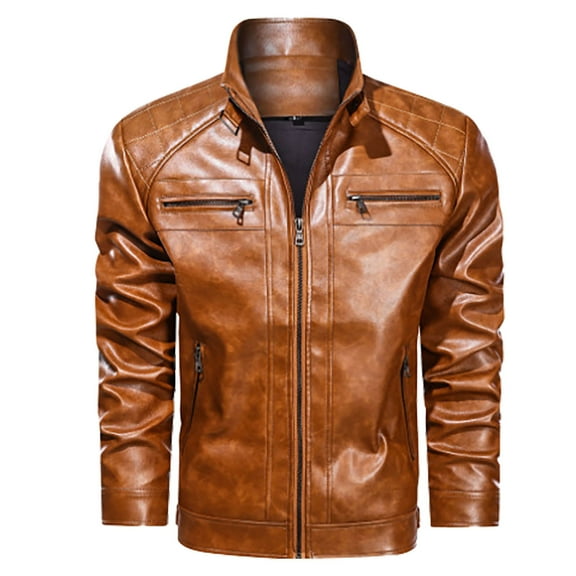 Men's Leather Jacket Autumn Winter Stand Collar Slim Fit Motorcycle Coat with Side Pockets