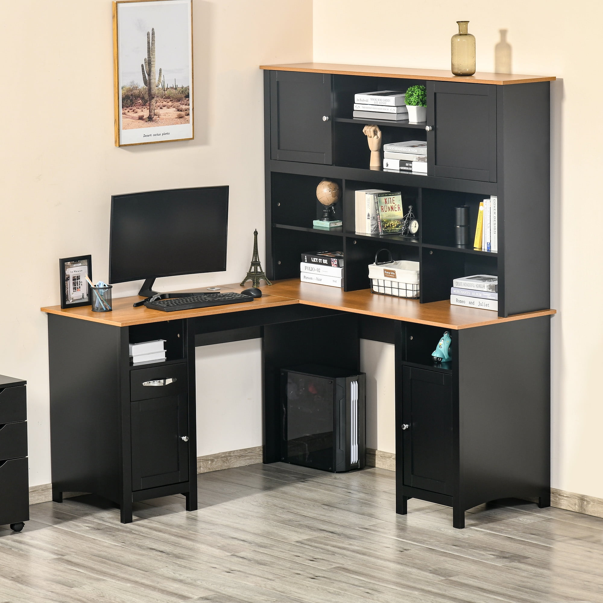HOMCOM L Shaped Computer Desk with Hutch, 59" Corner Desk, Space Saving Home Office Desk with Storage Shelves, Drawer and Cabinet, Black