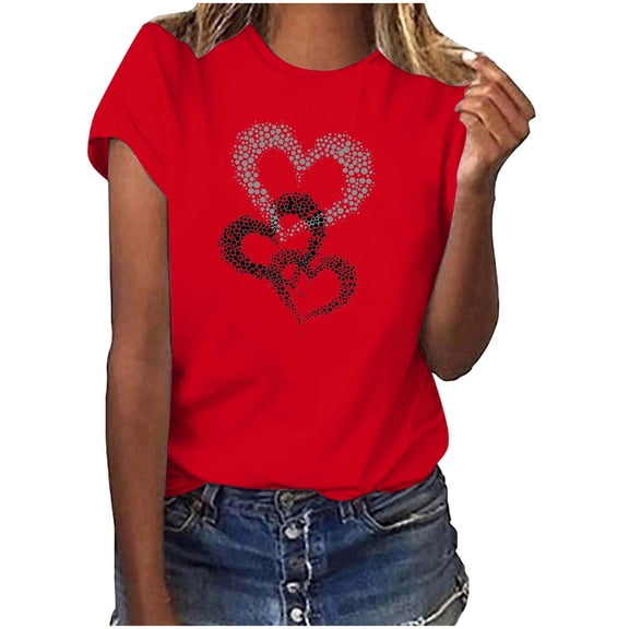 Womens Short Sleeve T-shirts Love Heart Print Round Neck Plus Size Tees Valentines Tops Summer Casual Tshirts (XL, Red 05)