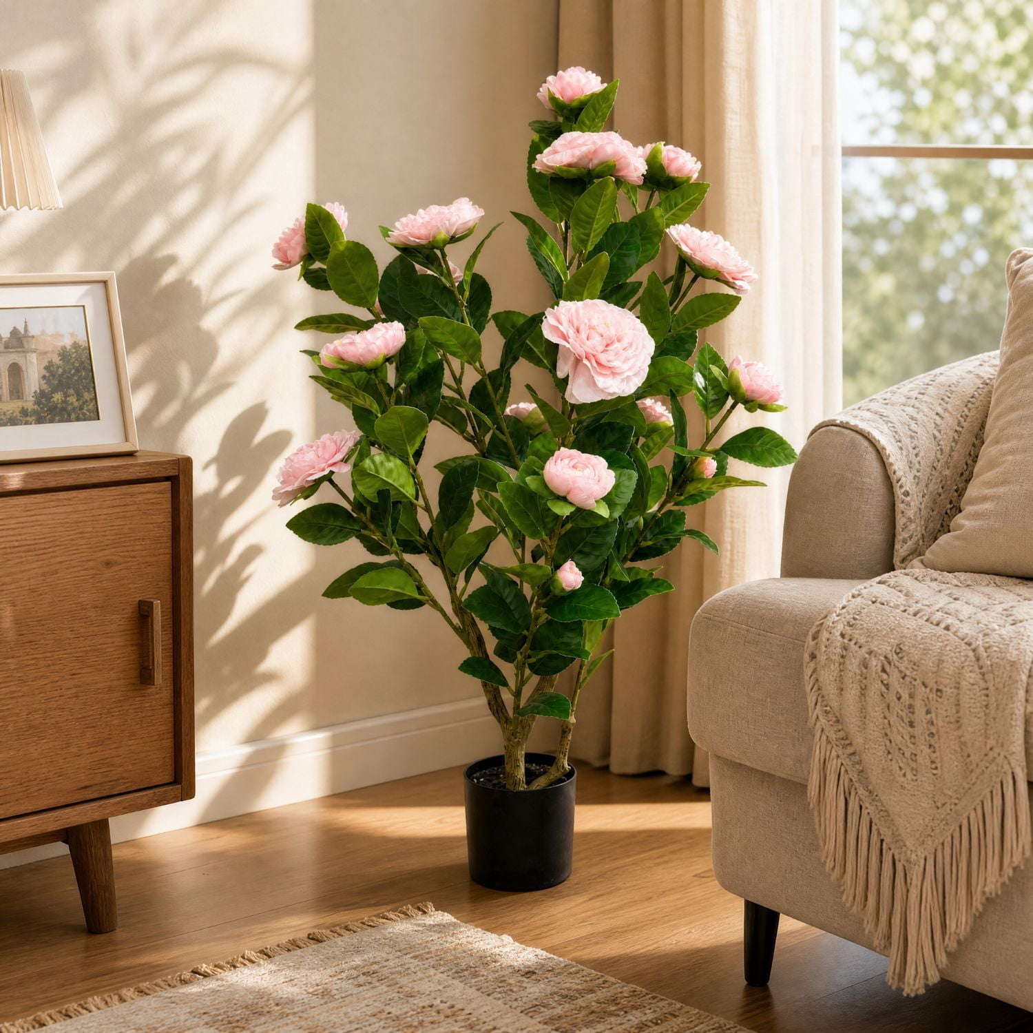 Easy4Home 2.6FT Artificial Flower Plant Fake Camellia Tree Potted Indoor, Pink