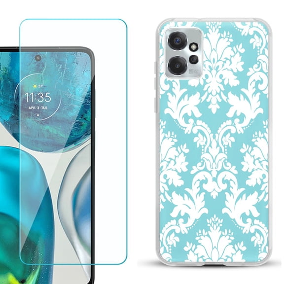 OneToughShield ® for Motorola Moto G Power 5G 2023 Shockproof Fashion Phone Case, with Tempered Glass Screen Protector - Victorian White/Teal