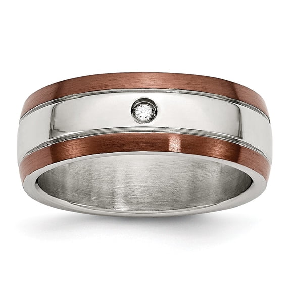 White Stainless Steel Ring Band Wedding Diamond Brown IP-plated Brushed with Diamond 8mm Polished