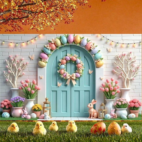 Cute Bunny Easter Banner Colorful Easter Eggs Spring Backdrop Spring Floral Garden Rabbit Display for Easter Party Spring Celebration Photo Backdrop
