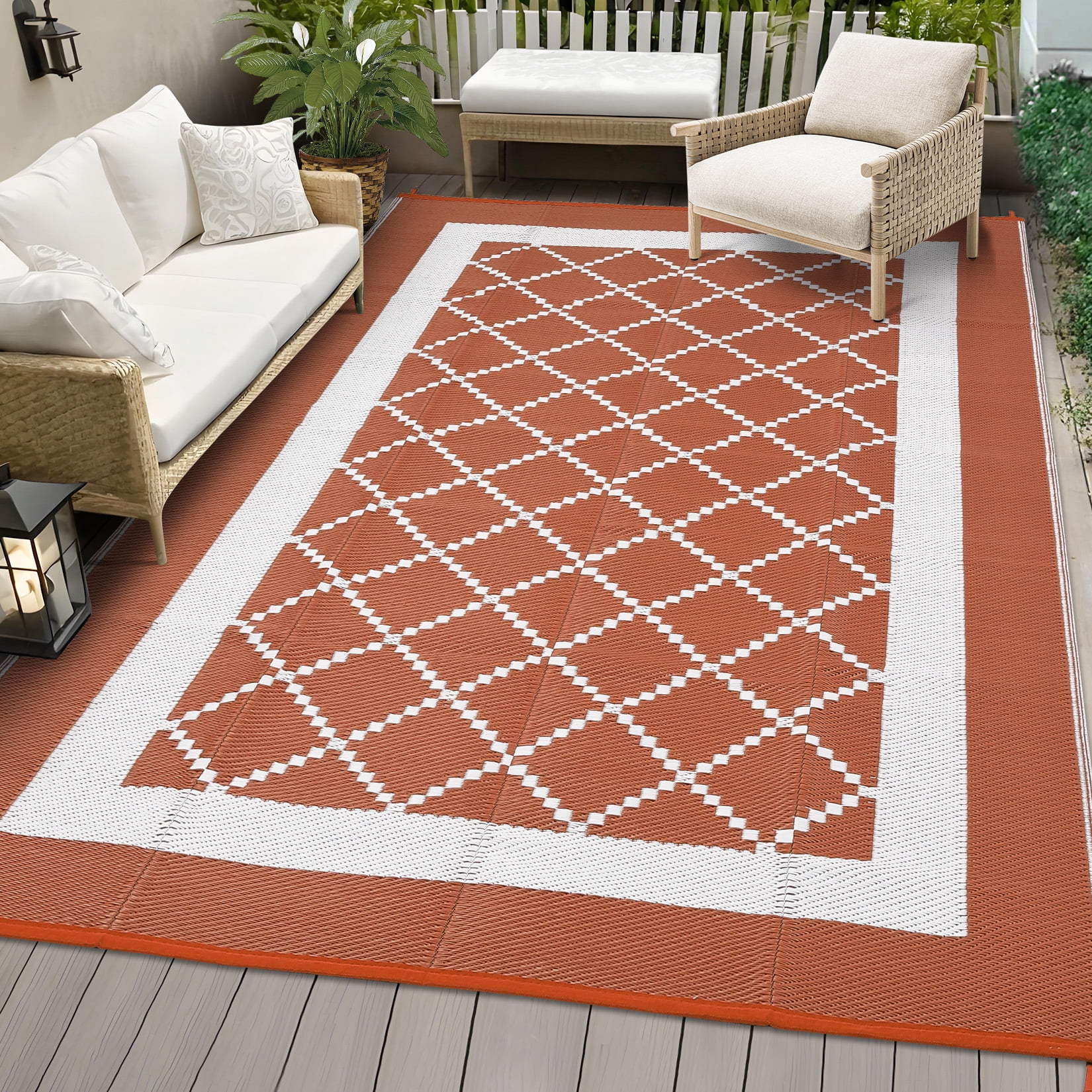 HIWEAVER 9' x 18' Orange/Red Outdoor Rug PP Plastic Straw Woven Waterproof Patio Rug with Border Portable Outside Carpet for Balcony Deck Picnic Garden Decor