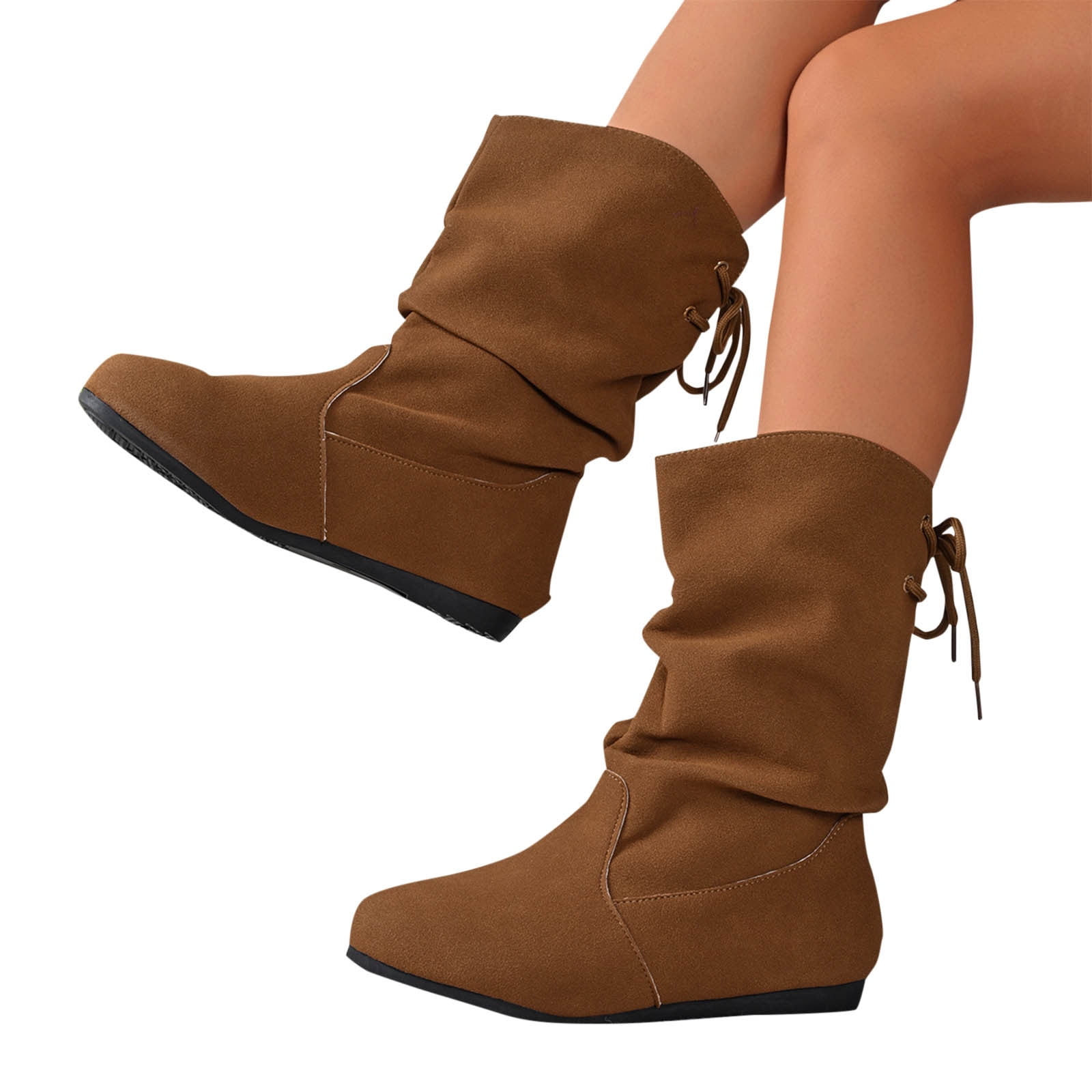 Miluxas Women Mid Calf Boots Wide Calf Slouch Ruched Suede Flats Low Heels Lace up Solid Color Booties Trendy Retro Comfort Non Slip Walking Riding Hiking Shoes Brown 5.5(36)