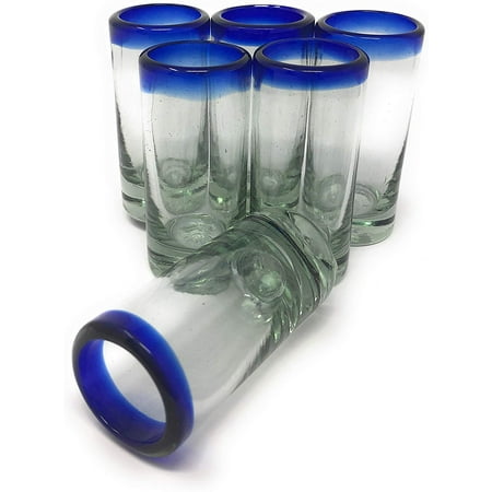 

Dos Sueños Hand Blown Mexican Tequila Shot Glasses - 6 Blue Rim Shot Glasses 2 oz