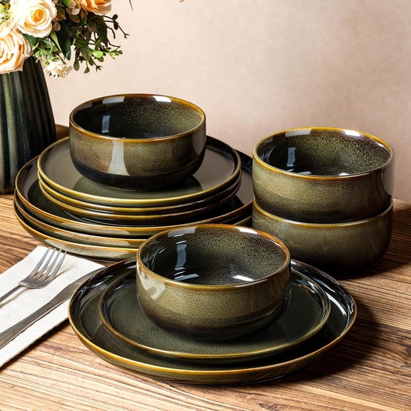 Ceramic Dinnerware Set for 4 12-Piece Plates and Bowls Reactive Glaze Oven Microwave Dishwasher Safe Olive Green