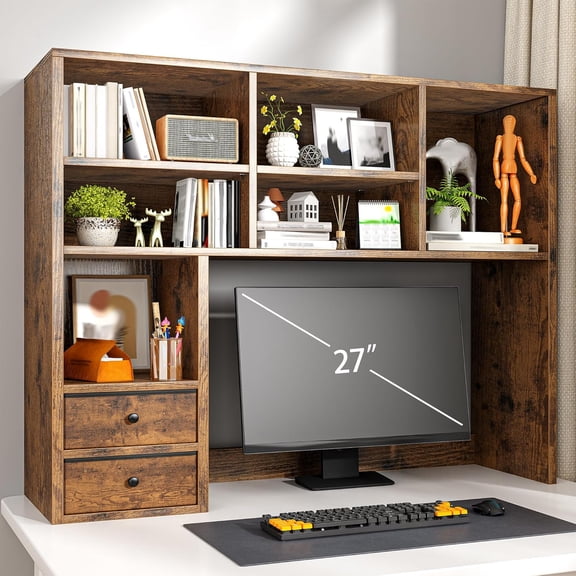 REIBII Desktop Bookshelf, 7 Shelves and 2 Drawers, Adjustable, Rustic Brown | Small Space Organizers, Anti-Tip for Secure Stability