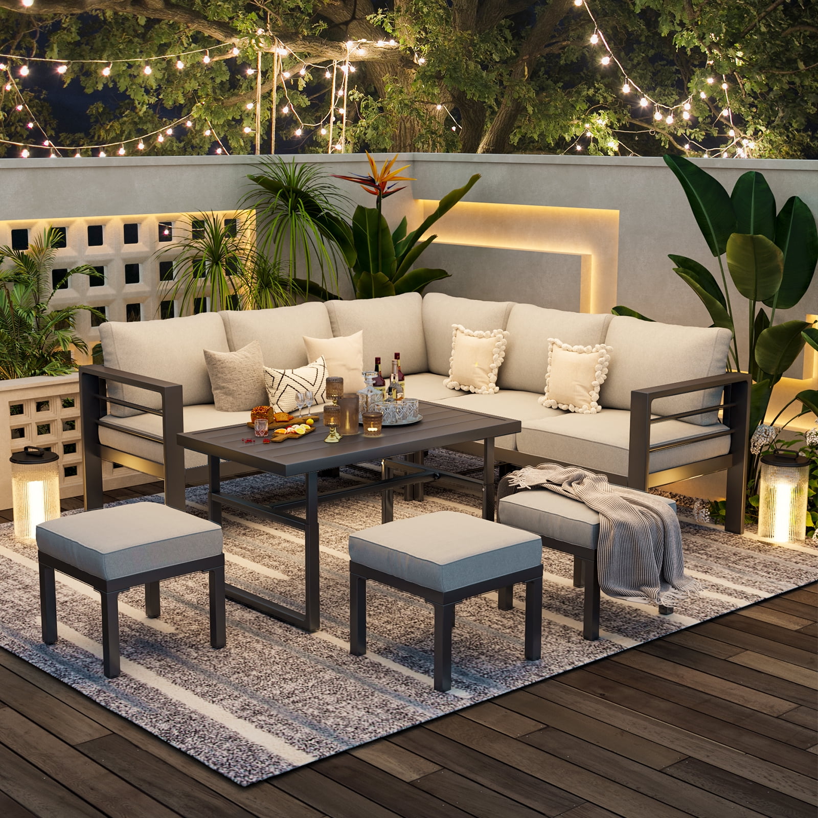 YODOLLA 7 Pieces Aluminum Patio Furniture Sets on sale with Adjustable Coffee Table with Light Grey Cushions