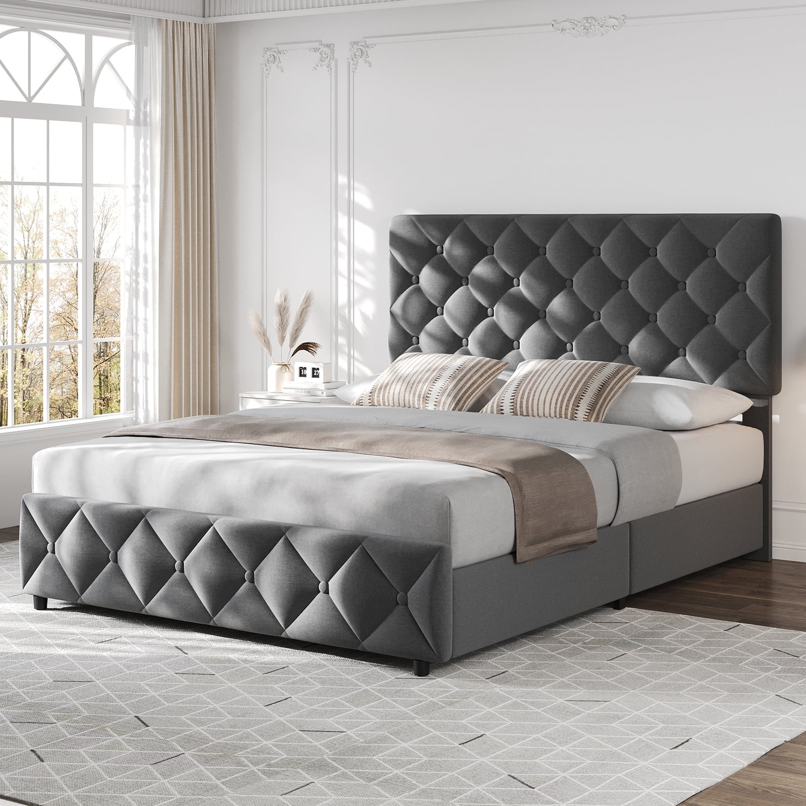 Shininglove Full Size Bed Frame with Storage - Linen Upholstered Platform Bed, 4 Spacious Drawers, Diamond Tufted Headboard, No Box Spring Needed(Grey)