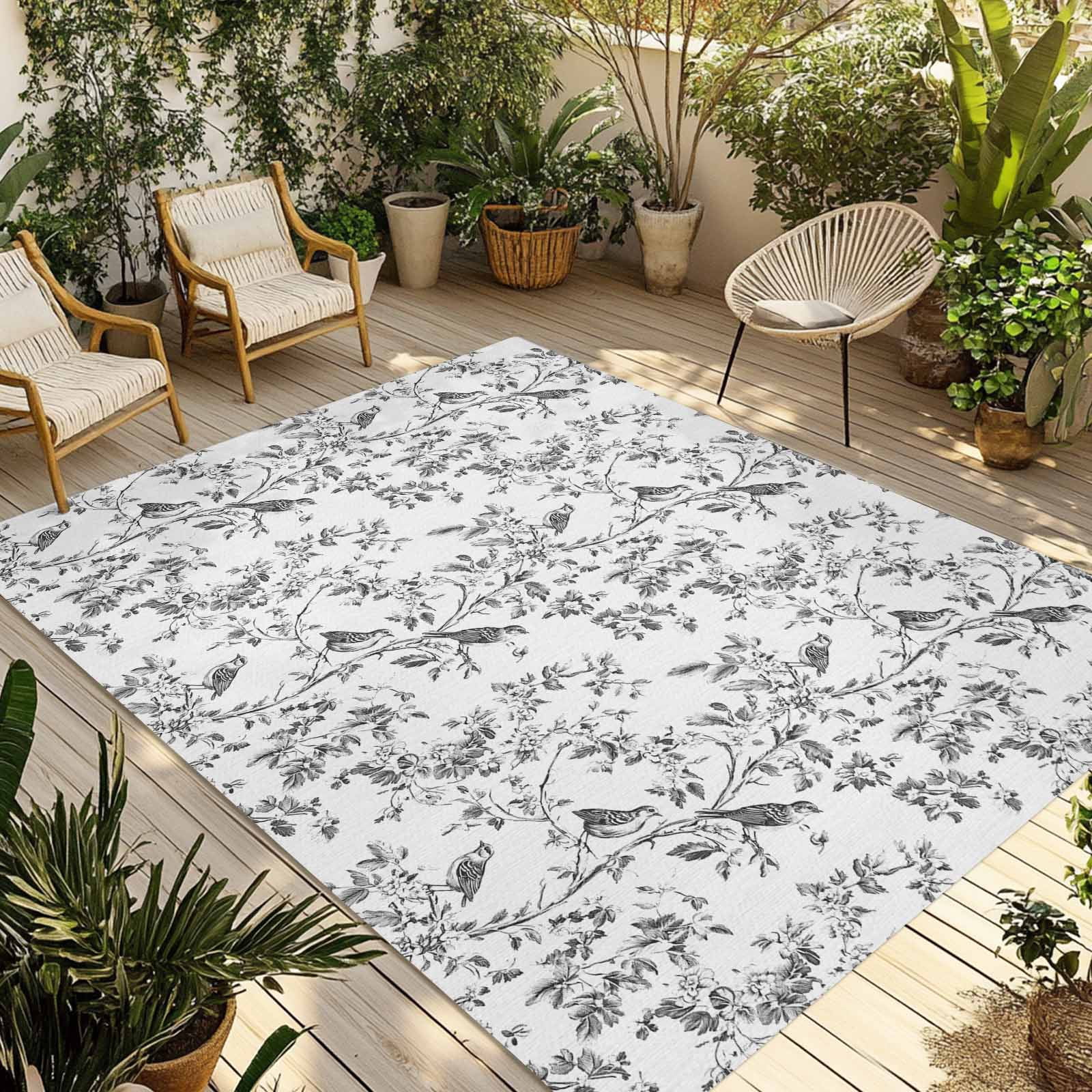 Outdoor Rug 5x8ft Flower Plant Large Area Rug Floral Birds Indoor Outdoor Carpet Outdoor Rugs Mats for Patio Camping,RV,Front Door, Outside Decor